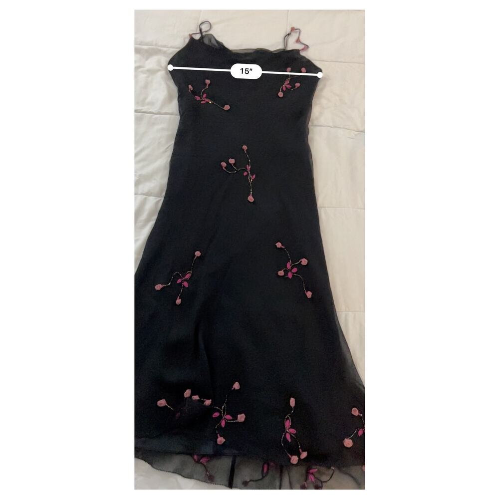 Vintage Betsy Johnson Silk Slip Dress Blk Appliqué Flowers Beaded XS Y2K Rare - Picture 8 of 9